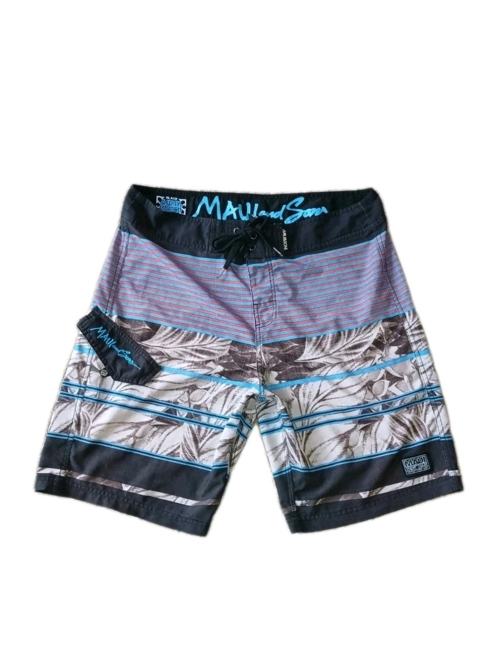 Maui and Sons Black, Blue and Gray Tropical Stripe Board Shorts Mens 32